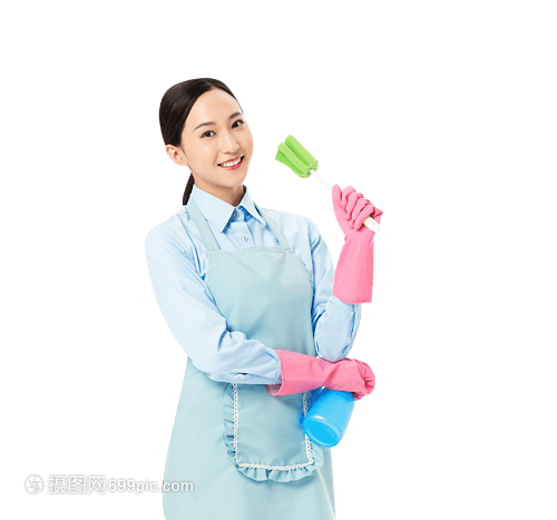 家政服務女性手拿噴壺和長柄清潔刷 專業與專注的化身